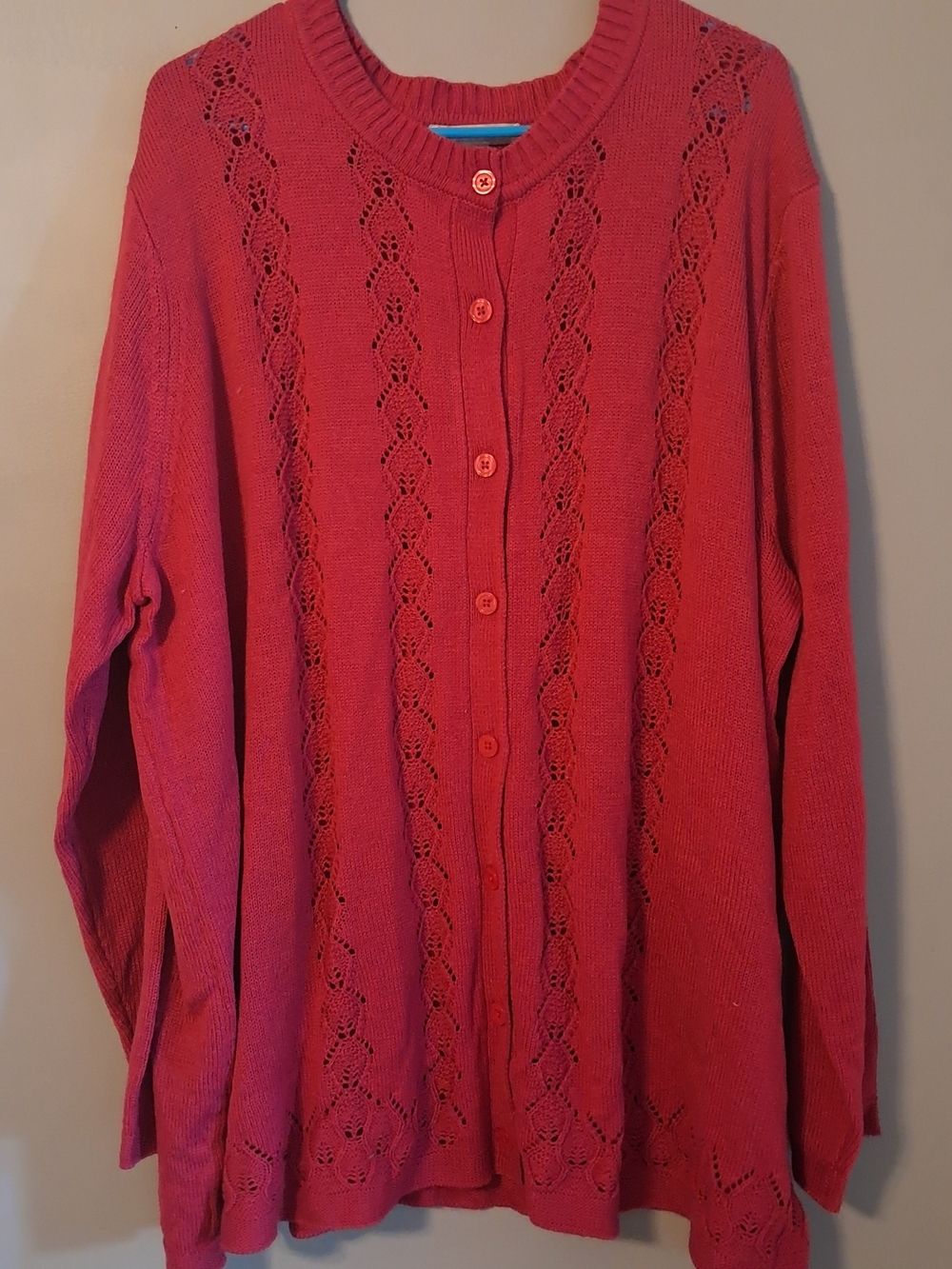 Woman Within Coral Pink Eyelet-Panel Button Cardigan